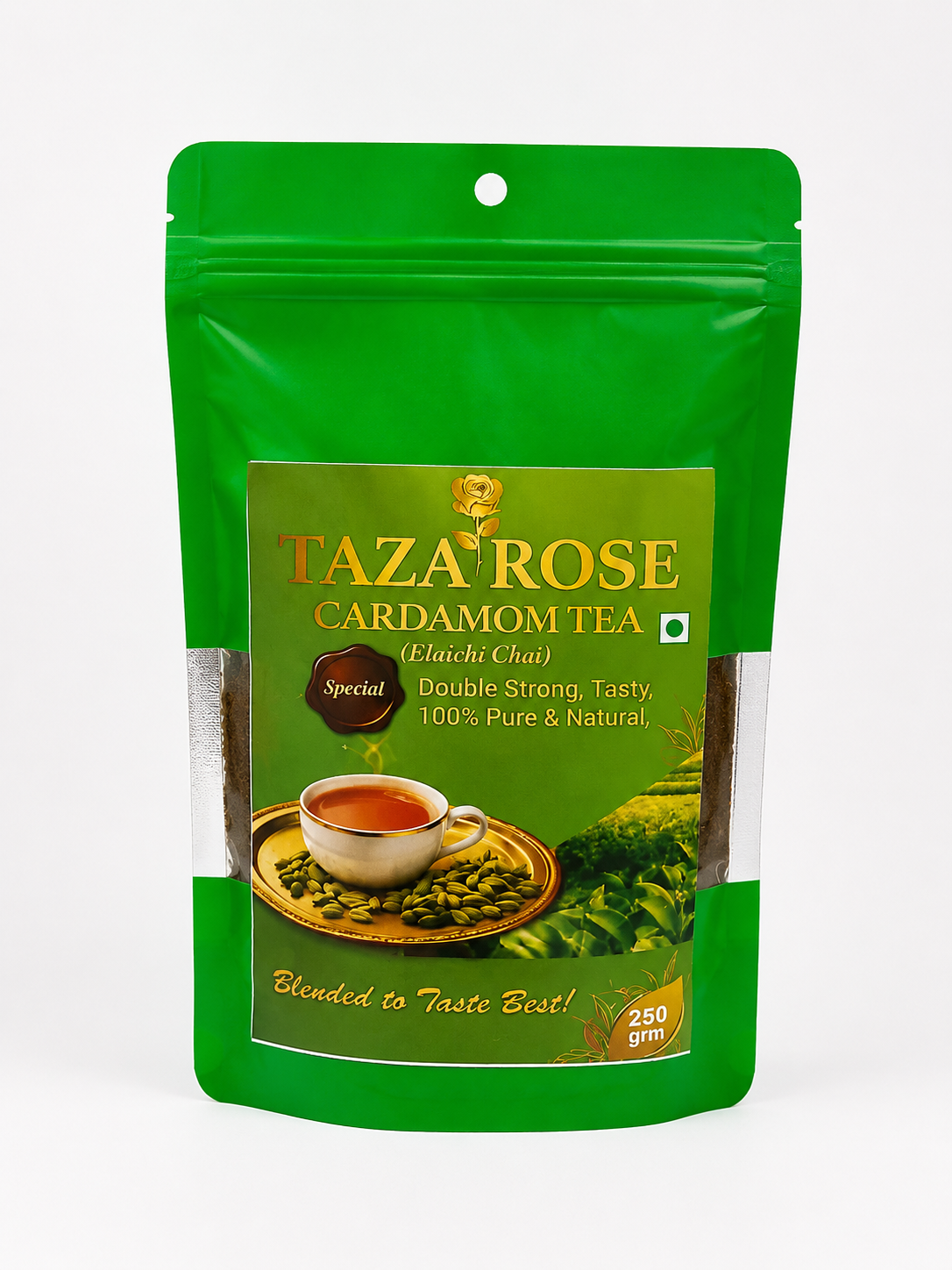 TAZA ROSE Cardamom Tea 250g Green Stand-Up Pouch – Premium Elaichi Chai